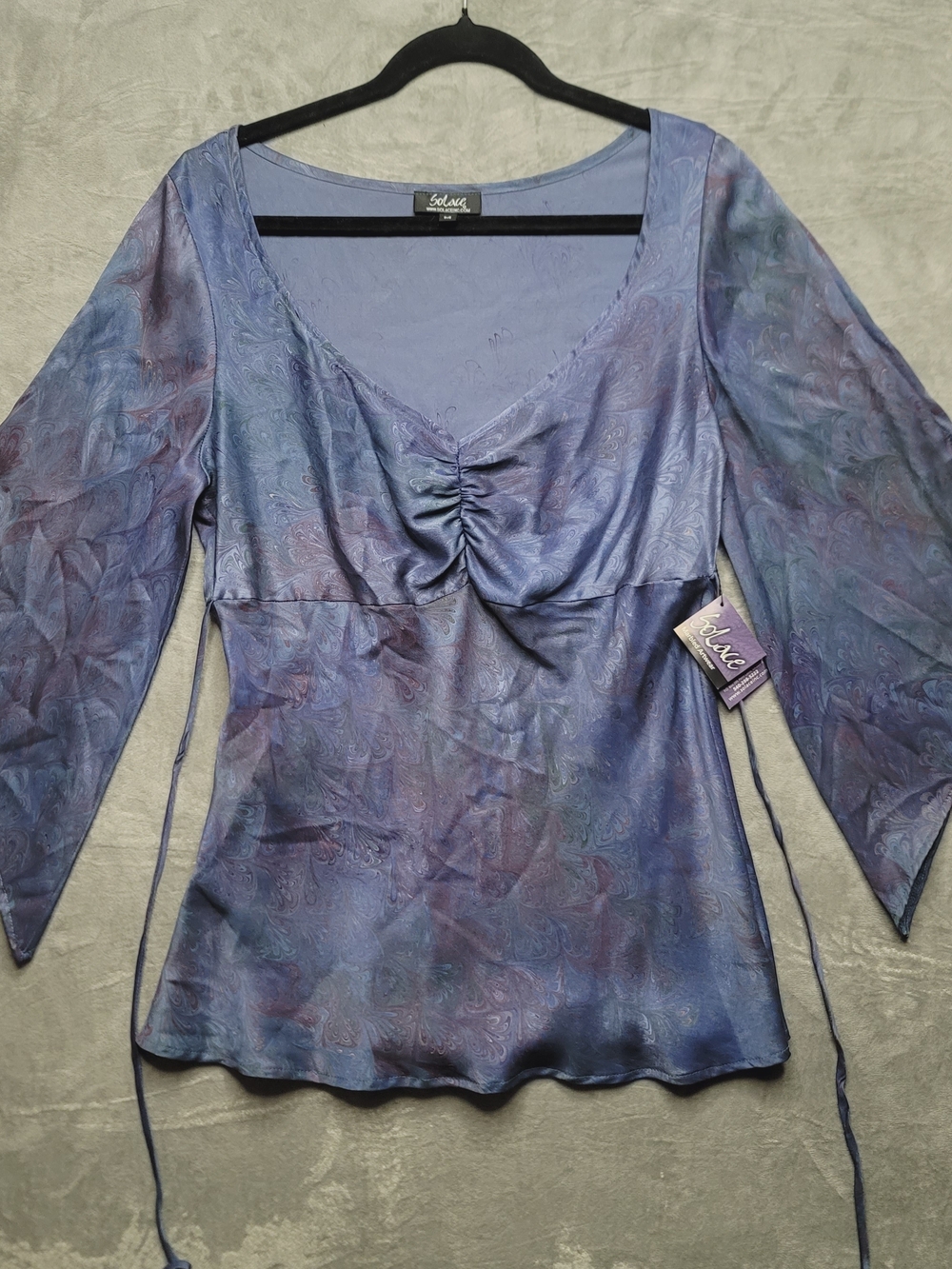 Solace 100% Silk Paisley Blouse Medium M Blue Purple Bell Sleeve Whimsigoth Boh